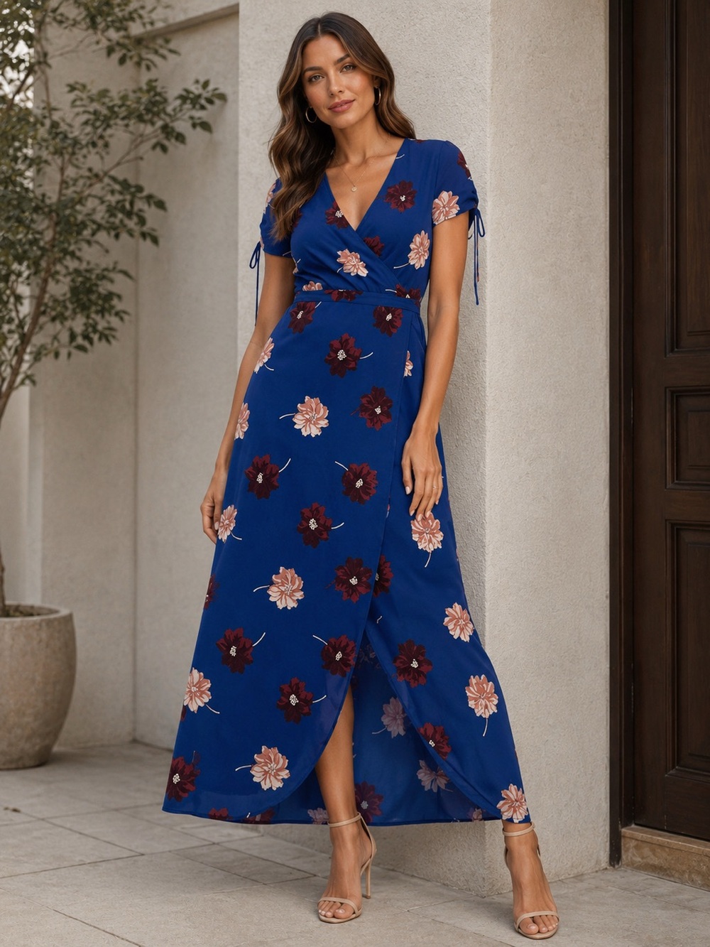 New Georgette Cinched-Sleeve Maxi Dress in Fall Flowers Sz 2